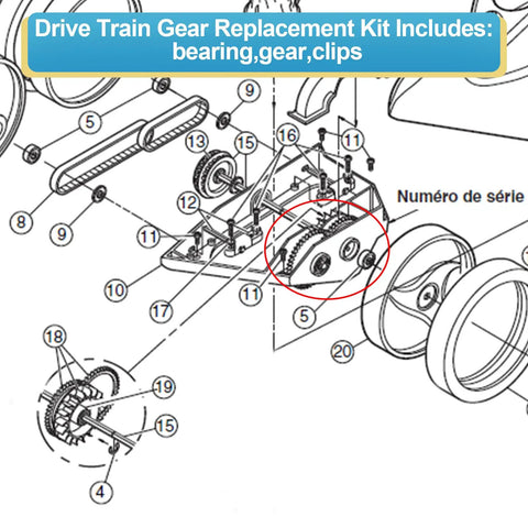 Drive Train Gear Kit For Polaris 360 And 380 Pool Cleaner With Bearing And Clips diagram with labeled parts