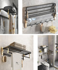 24 Inch Towel Rack Wall Mounted Adhesive No Drill Towel Storage Shelf With 5 Hooks For Bathroom Made From Aviation Aluminum Alloy Rustproof Matte Black Gold Finish Ultra Durable And Easy To Clean displayed in bathroom settings.