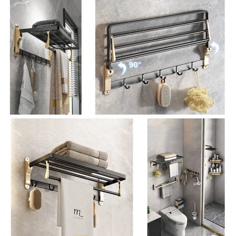 24 Inch Towel Rack Wall Mounted Adhesive No Drill Towel Storage Shelf With 5 Hooks For Bathroom Made From Aviation Aluminum Alloy Rustproof Matte Black Gold Finish Ultra Durable And Easy To Clean displayed in bathroom settings.