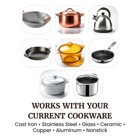 Image showing various cookware types including cast iron, stainless steel, and glass compatible with Roadready Electric Hot Plate Featuring Slick Cast Iron Cooking Surface Seven Speed Heat Dials Compact 1000 Watt Portable Burner Nifty Companion For Rv Dorm Van Life Apartment Living.
