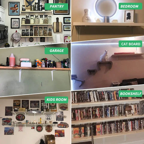 Heavy Duty 8 Inch White Metal Shelf Brackets 20 Pack L Shaped Adjustable Floating Shelf Brackets 8x6 Inch displayed in various rooms