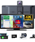 All In One Wireless CarPlay Screen For Cars With 10.26 Inch 4K Front Dash Cam, navigation, media display, accessories shown