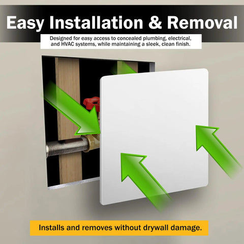 Zero Fuss Drywall Access Panel 14X14 Inch Screwless Wall Cover details showcasing easy installation and removal for plumbing access.