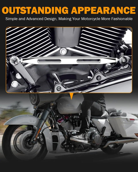 Chrome Shift Linkage Gear For Harley Touring Softail Trike Road King Electra Street Glide 1986 Through 2024 Replacement Upgrade With Smooth Shifting Heavy Duty Fit And Biker Grade Precision For OEM Controls. Chrome billet linkage on Harley touring engine