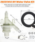 RV toilet water valve kit with white plastic valve body and black O-ring seal; includes hose clamps and screws.