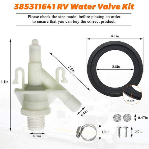 RV toilet water valve kit with white plastic valve body and black O-ring seal; includes hose clamps and screws.