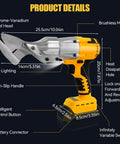 Cordless Sheet Metal Shear With LED Light and Brushless Motor for 20V batteries, side view, dimensions labeled