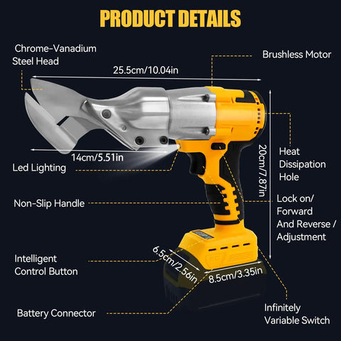 Cordless Sheet Metal Shear With LED Light and Brushless Motor for 20V batteries, side view, dimensions labeled