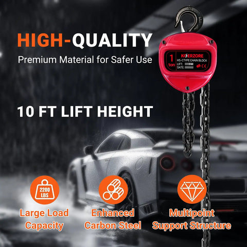 Beefed Up 1 Ton Hand Chain Hoist For Engine Lifts And Heavy Duty Work In Garages And Warehouses, Perfect For Auto Shops, 10 Ft Lift Range, Built With Durable Alloy Steel Chain And Reinforced Gears For Long Lasting Performance, red 1-ton chain block with 10 ft lift