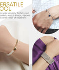 Three bracelets on wrists showcasing the functionality of Metal Bracelet Clasp Helper Tool With Hook For Fast And Easy Jewelry Clasping.