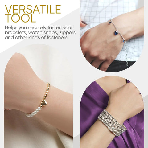 Three bracelets on wrists showcasing the functionality of Metal Bracelet Clasp Helper Tool With Hook For Fast And Easy Jewelry Clasping.