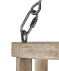 Close-up of metal chain hanging Farmhouse Wood Drum Chandelier For Dining Room And Kitchen Island Handcrafted Birch Light Fixture