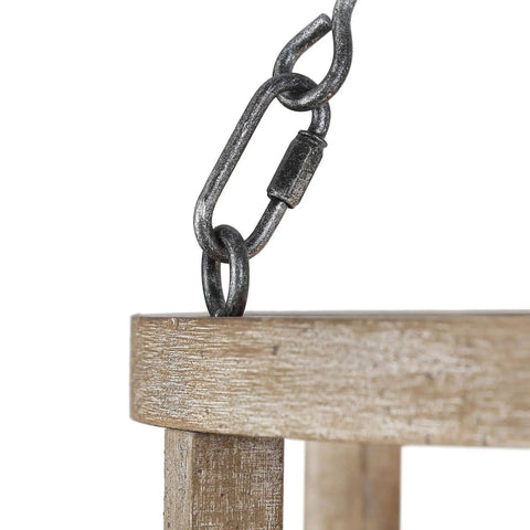Close-up of metal chain hanging Farmhouse Wood Drum Chandelier For Dining Room And Kitchen Island Handcrafted Birch Light Fixture