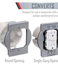 Plastic Round Box Adapter PRBA400G For Weatherproof Nonmetallic Round Receptacle Box showing round and single-gang openings.