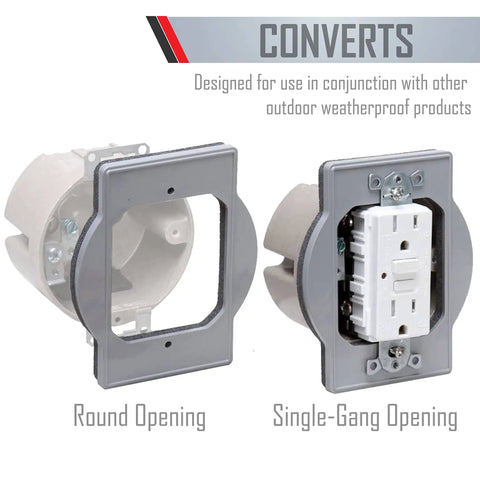 Plastic Round Box Adapter PRBA400G For Weatherproof Nonmetallic Round Receptacle Box showing round and single-gang openings.
