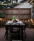 Outdoor Solar String Lights G40 Umbrella Lights, 27 Ft over patio dining setup, evening atmosphere, patio party vibe