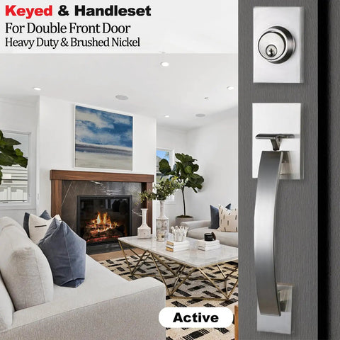 Modish Satin Nickel Front Door Entry Handleset With Deadbolt And Keyed Entry on modern door in stylish living room