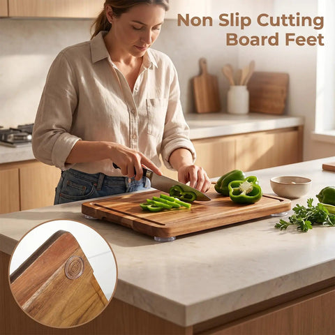 Woman cutting peppers on cutting board with 20 Pack Rubber Feet For Cutting Boards Non Slip Silicone Feet With Waterproof Adhesive