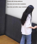XILYZMO 2.76 Inch Thick Self-Adhesive Acoustic Foam Panel, 39 x 1969 Inch being installed on a wall, showing ease of use, Grey.