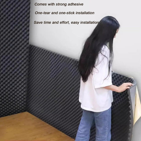Heavy Duty Sound Proof Padding With Badass Acoustic Foam Panels For Home Cinemas And Workout Rooms Featuring Zero Fuss Self Adhesive Mounting and Top Shelf Noise Blocking, installed by a person