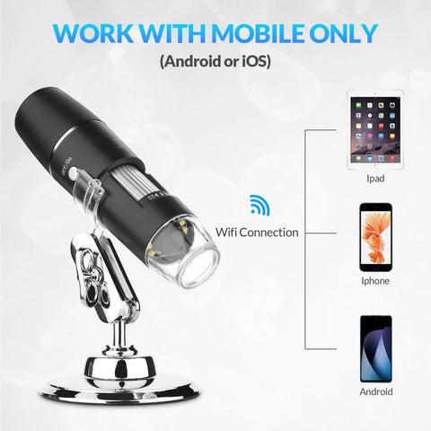 Wireless Handheld Digital Microscope for Kids and Adults, 50x to 1000x Magnification, 360 Degree Rotating Stand, Compatible With iPhone iPad Android Phones and Tablets, Portable, Great for Learning and Exploration. WiFi microscope on stand