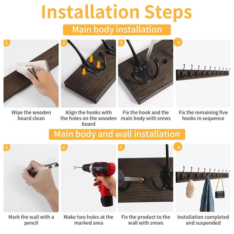 Installation steps for Rustic 34 Inch Wall Mounted Coat Rack With Ten Decorative Hooks Heavy Duty Pine Wood Rail For Entryway Or Living Room Holds Up To 15 Lbs Per Hook Old Wood Color Farmhouse Style