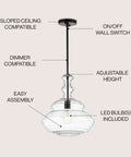 Oil Rubbed Bronze Modern LED Pendant Light With Clear Glass Shade Adjustable Hanging Ceiling Fixture For Kitchen Island Hallways Dining Room Bistro Style Lighting Energy Saving Bulbs Included, shown with adjustable features and clear glass.