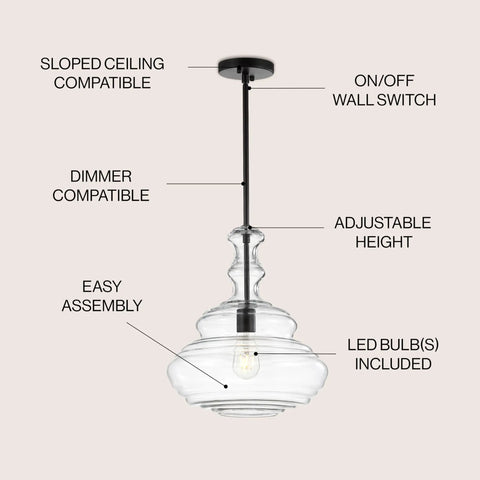Oil Rubbed Bronze Modern LED Pendant Light With Clear Glass Shade Adjustable Hanging Ceiling Fixture For Kitchen Island Hallways Dining Room Bistro Style Lighting Energy Saving Bulbs Included, shown with adjustable features and clear glass.