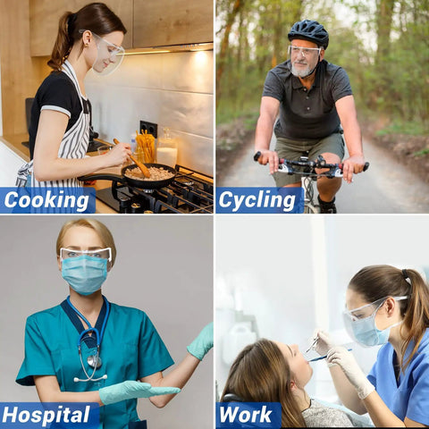 4 Pack Clear Face Shields With Glasses Anti Fog Full Face Protection Plastic Shield Reusable Droplet Guard in various settings: cooking, cycling, hospital, dental care.