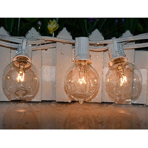 G40 Replacement Light Bulbs 120V 5W Clear Globe Bulbs For Indoor And Outdoor Vibes Patio String Lights illuminated on fence