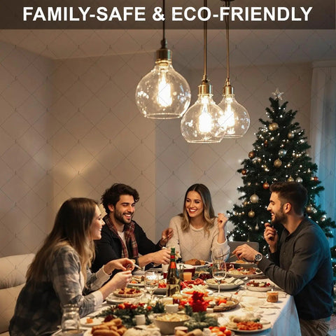 Grab Ultra Bright E12 LED Bulbs illuminate a family dining room decorated for Christmas with a tree and festive table setup.