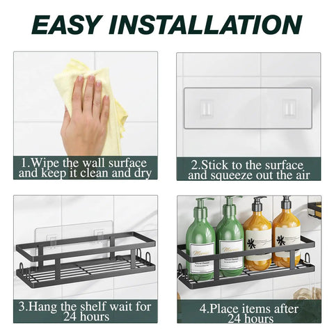 Installation steps for Adhesive Shower Caddy 3 Pack With Two Shelves, Soap Holder And 12 Hooks For Tidy Bathrooms
