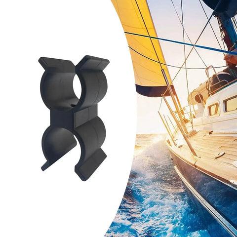 Heavy Duty Double Port Pipe Clamp Clips, 6.25 Cm Long, fits 22mm and 25.4mm tubes, shown next to a sailing boat