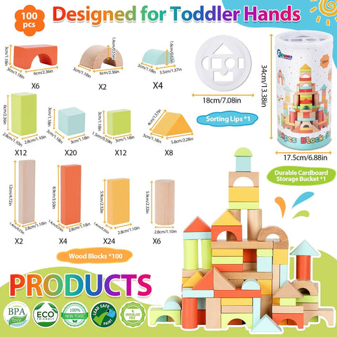 FCSONU wooden building blocks for toddlers, 100-piece set with colorful shapes, storage tub with lid and block castle.