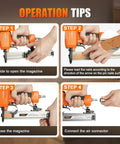 Operation tips for Light As A Feather 23 Gauge Pneumatic Pin Nailer showing loading steps and magazine use.