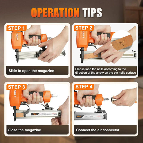 Operation tips for Light As A Feather 23 Gauge Pneumatic Pin Nailer showing loading steps and magazine use.
