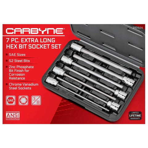Extra Long 7 Piece SAE Hex Allen Socket Set for Deep Reach in Engine Bays and Recessed Fasteners, protective case view.