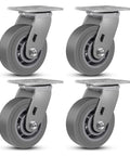 Set of 4 gray 5 Inch Heavy Duty Swivel Caster Wheels for carts, industrial use, thermoplastic rubber, abrasion and shock resistant.