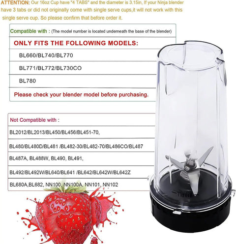 6 Fin Blender Blade Replacement With 2 Pack 16oz Single Serve Cups, Easy Snap On Fit displayed next to product instructions.