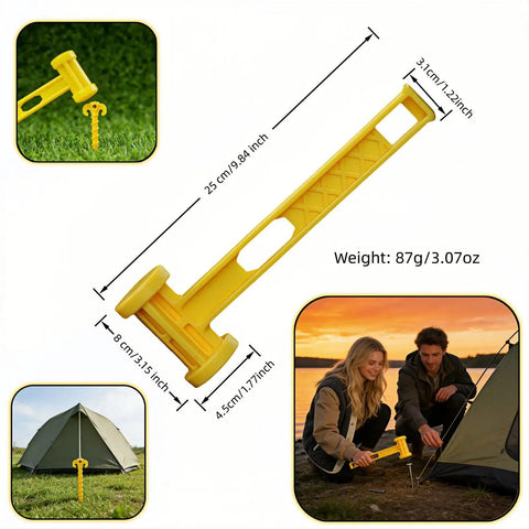 Camping Tent Stake Hammer With Puller Ultralight Nine Point Eight Four Inch Mallet Yellow PE Plastic Handle shown with dimensions.