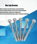 Self Tapping Hex Lag Screws, 304 Stainless Steel, Half Thread, shown with hex heads for wood carpentry and wooden structures.