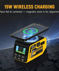 Heavy Duty 300W Adjustable DC Voltage Regulator with XT60 Output featuring 15W wireless charging pad and LCD display.