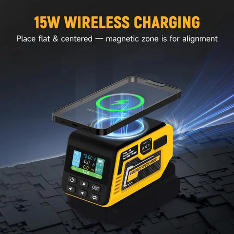 Heavy Duty 300W Adjustable DC Voltage Regulator with XT60 Output featuring 15W wireless charging pad and LCD display.
