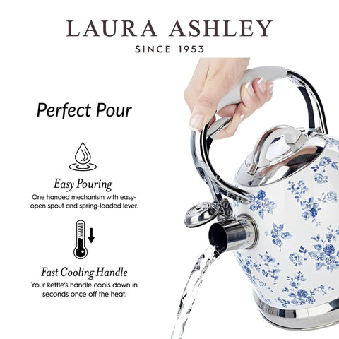 Stovetop Kettle With Whistle 2.5L Rapid Boil Stainless Steel For 10 Cups, Silicone Coated Cool Handle, no fuss pour feature shown