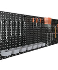 Black Plastic Pegboard Wall Organizer Panels, 4 Pack of 17.5x17.5 Inches displayed in garage with tools hung neatly