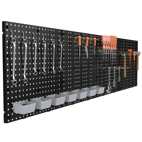 Black Plastic Pegboard Wall Organizer Panels, 4 Pack of 17.5x17.5 Inches displayed in garage with tools hung neatly