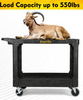 Large Heavy Duty Plastic Utility Cart With Flat Top Measuring Forty Two Point Five By Twenty Five Inches supporting goat