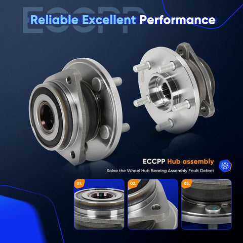 Front Wheel Hub Bearing Assembly For Jeep Cherokee Comanche Grand Cherokee Grand Wagoneer TJ Wrangler 4x4 5 Lug 4WD With ABS Replacement Fits 1989 To 1999, showing side and front views of the assembly