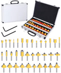 Pro Grade 35 Piece Router Bit Set With 1 Quarter Inch Shank, Tungsten Carbide Blades, Aluminum Storage Case shown open with bits