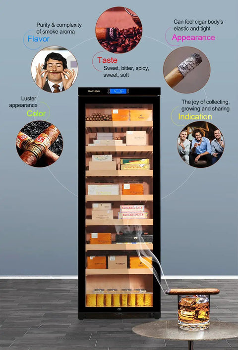 Premium 380L Humidor Cabinet with Constant Temperature and Humidity, wood frame in piano black finish, with premium cedar trays.